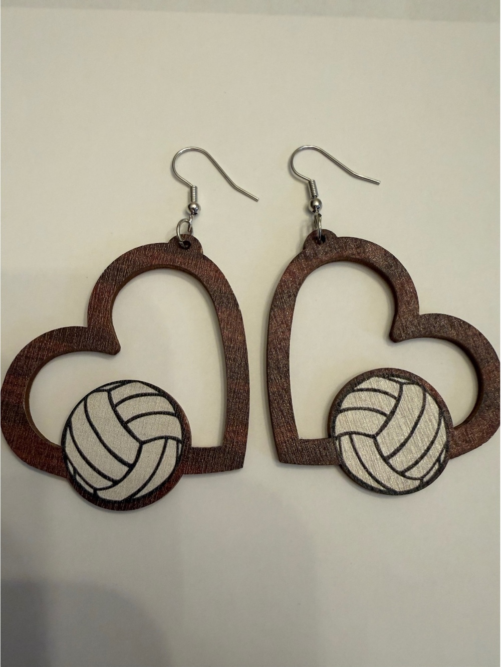 Handcrafted Wooden Heart Earrings with Volleyball Design